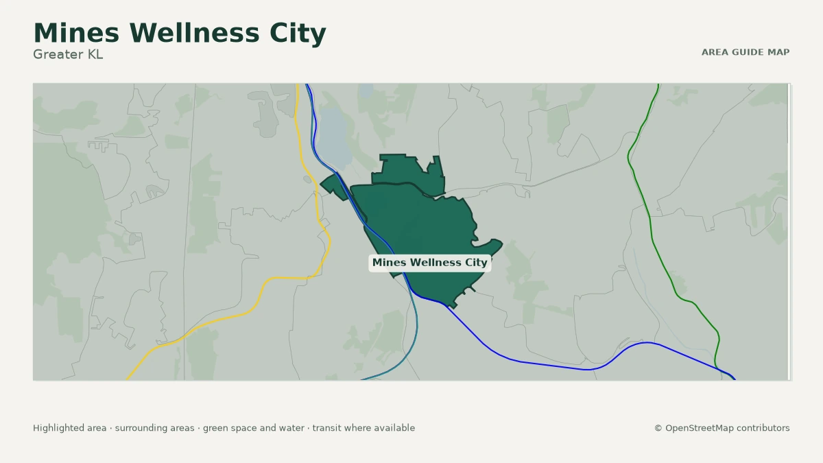 Map of Mines Wellness City, Greater KL, showing the commonly known area boundary