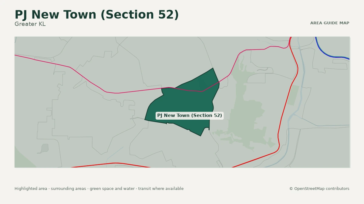Map of PJ New Town (Section 52), Greater KL, showing the commonly known area boundary