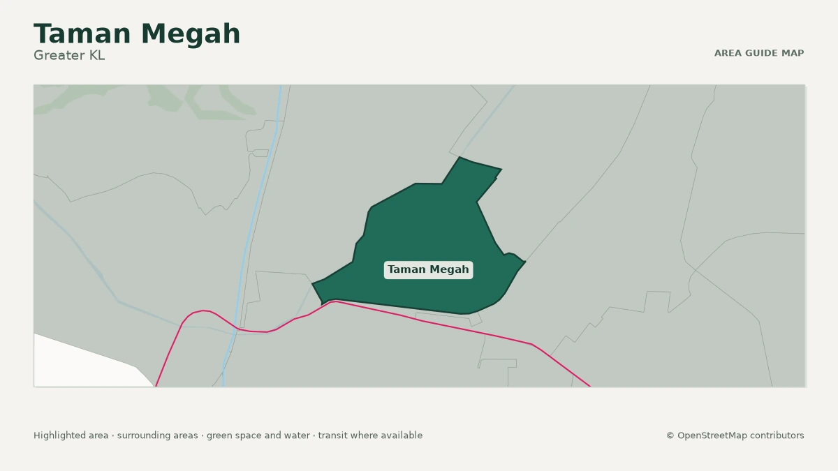 Map of Taman Megah, Greater KL, showing the commonly known area boundary