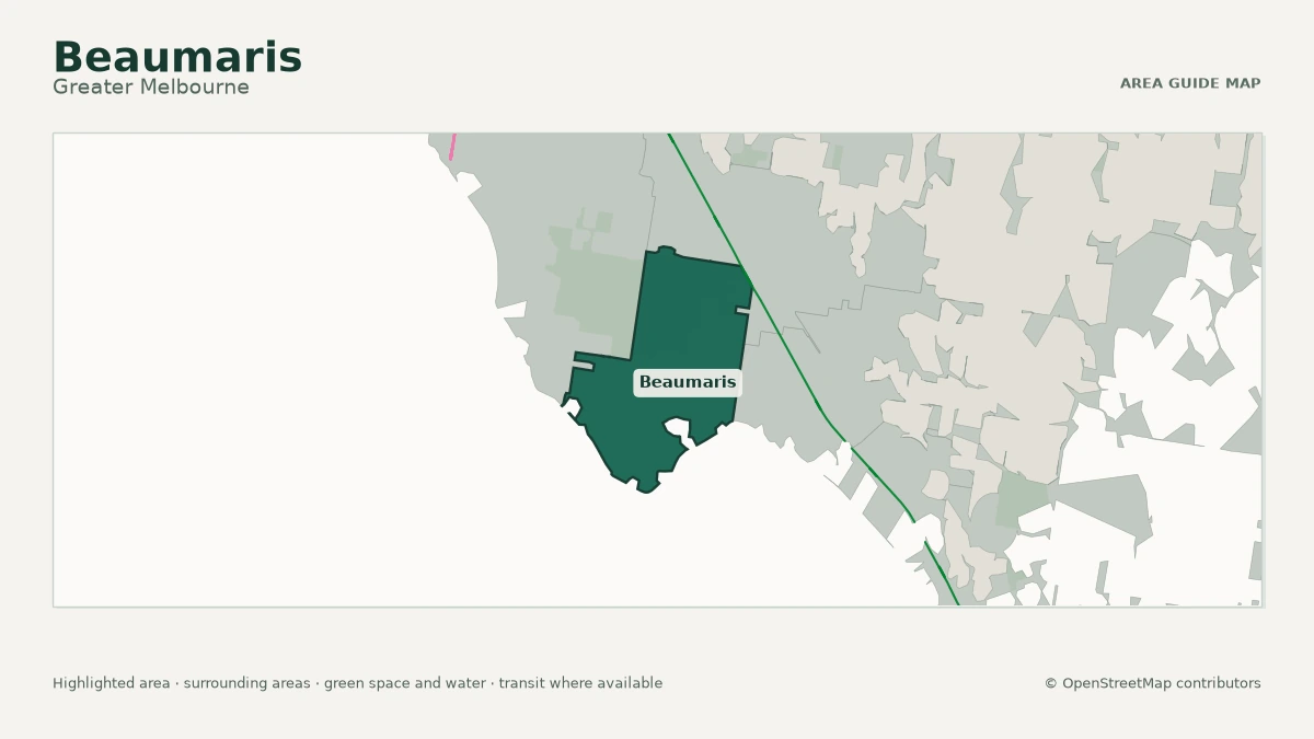 Map of Beaumaris, Greater Melbourne, showing the commonly known area boundary