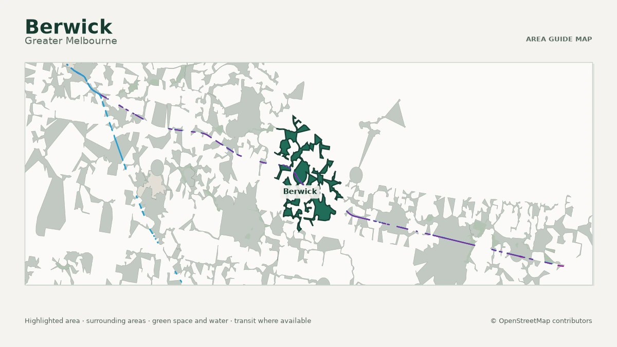 Map of Berwick, Greater Melbourne, showing the commonly known area boundary