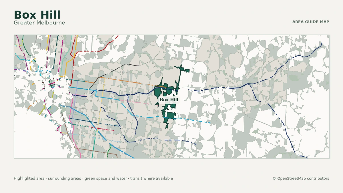 Map of Box Hill, Greater Melbourne, showing the commonly known area boundary