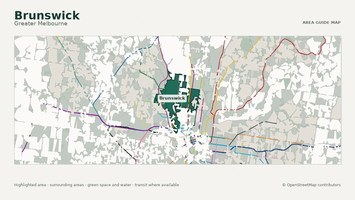 Map of Brunswick, Greater Melbourne, showing the commonly known area boundary