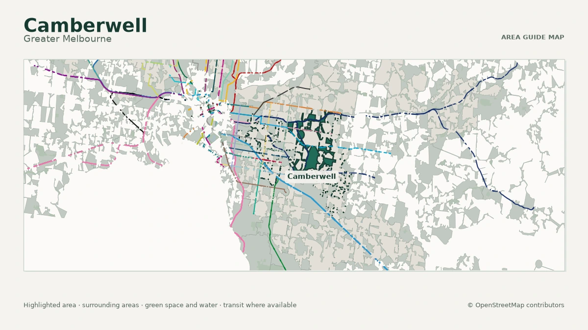 Map of Camberwell, Greater Melbourne, showing the commonly known area boundary