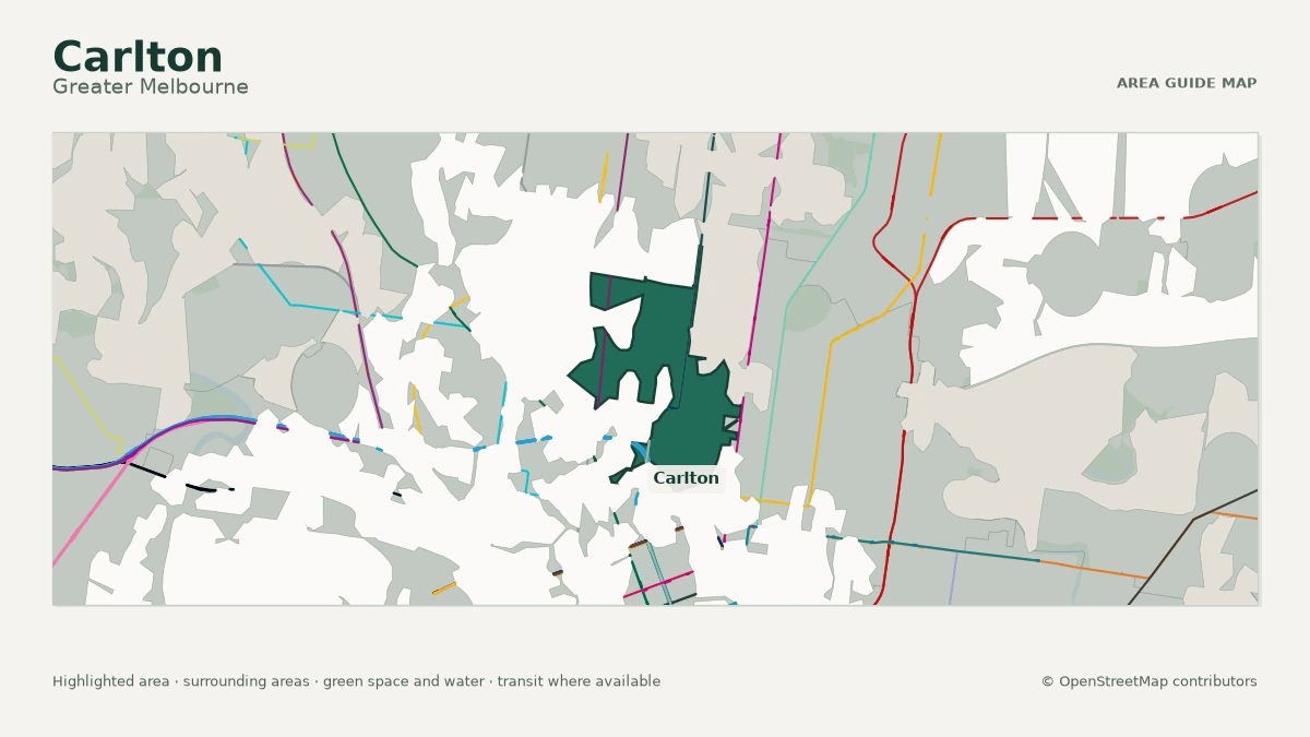 Map of Carlton, Greater Melbourne, showing the commonly known area boundary