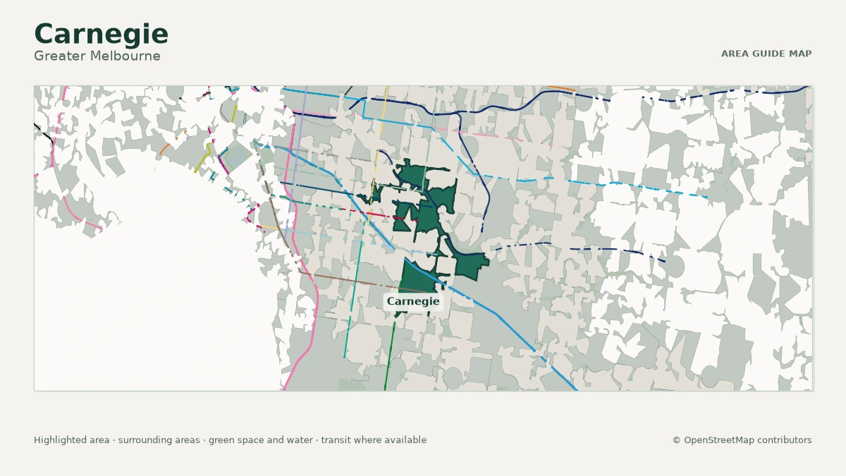 Map of Carnegie, Greater Melbourne, showing the commonly known area boundary