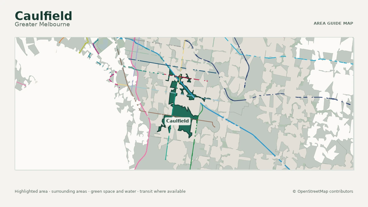 Map of Caulfield, Greater Melbourne, showing the commonly known area boundary
