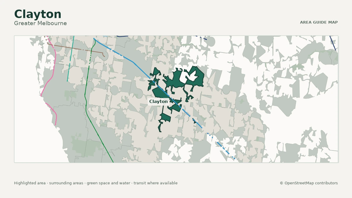 Map of Clayton, Greater Melbourne, showing the commonly known area boundary