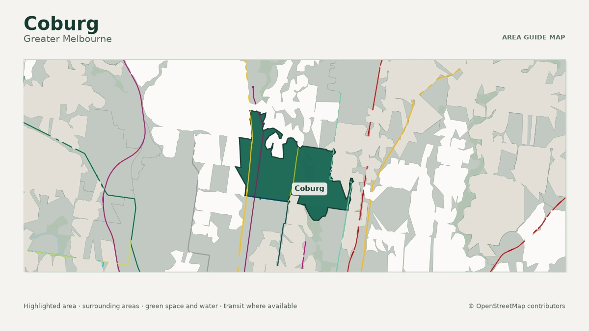 Map of Coburg, Greater Melbourne, showing the commonly known area boundary