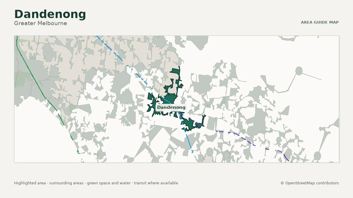 Map of Dandenong, Greater Melbourne, showing the commonly known area boundary