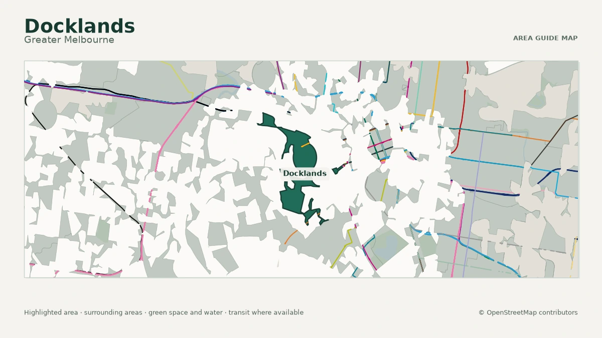 Map of Docklands, Greater Melbourne, showing the commonly known area boundary