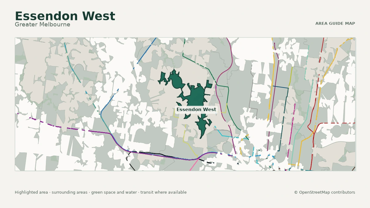 Map of Essendon West, Greater Melbourne, showing the commonly known area boundary