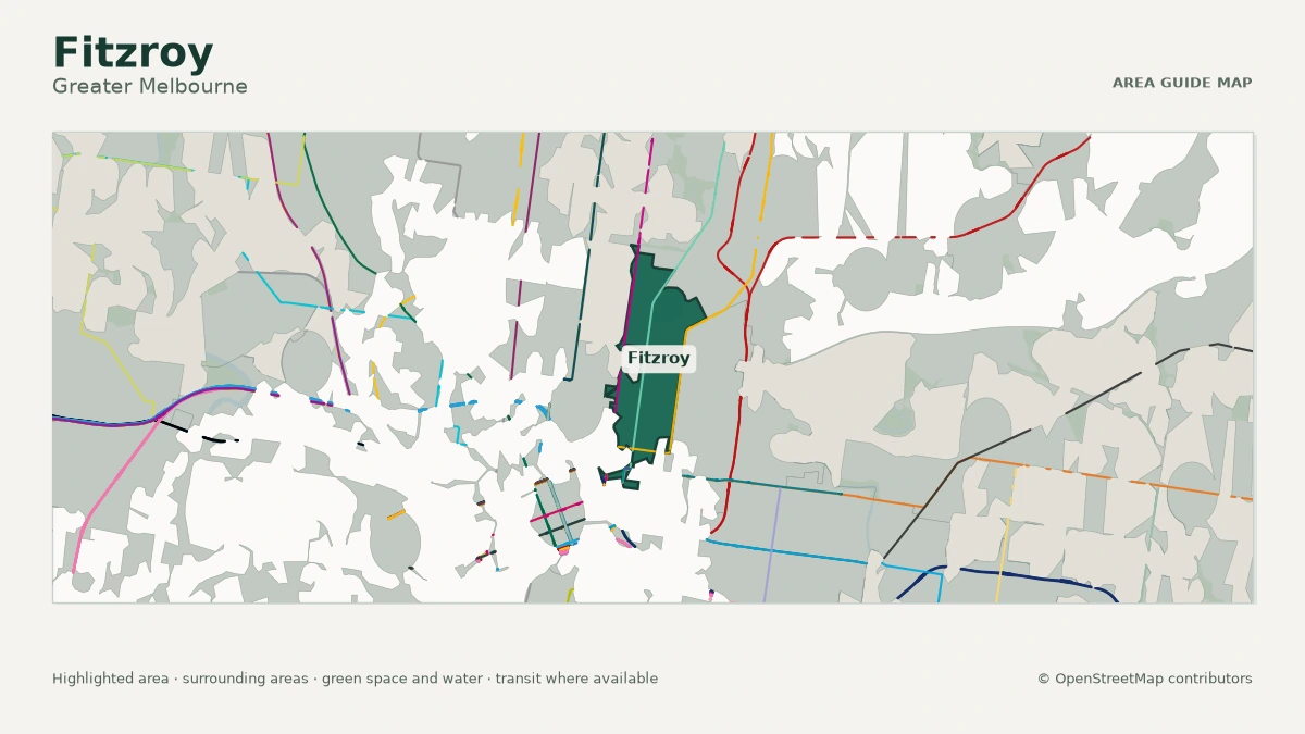 Map of Fitzroy, Greater Melbourne, showing the commonly known area boundary