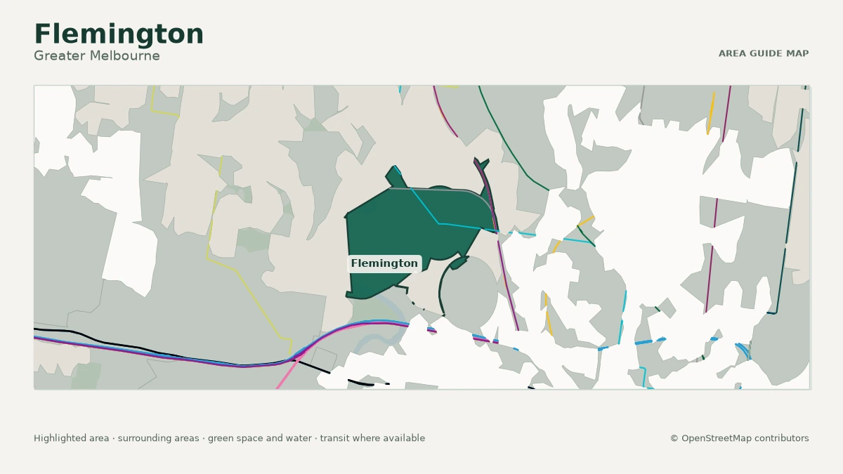 Map of Flemington, Greater Melbourne, showing the commonly known area boundary