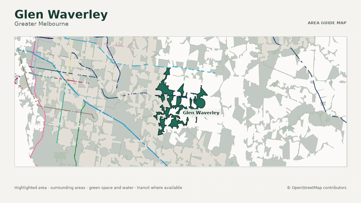 Map of Glen Waverley, Greater Melbourne, showing the commonly known area boundary