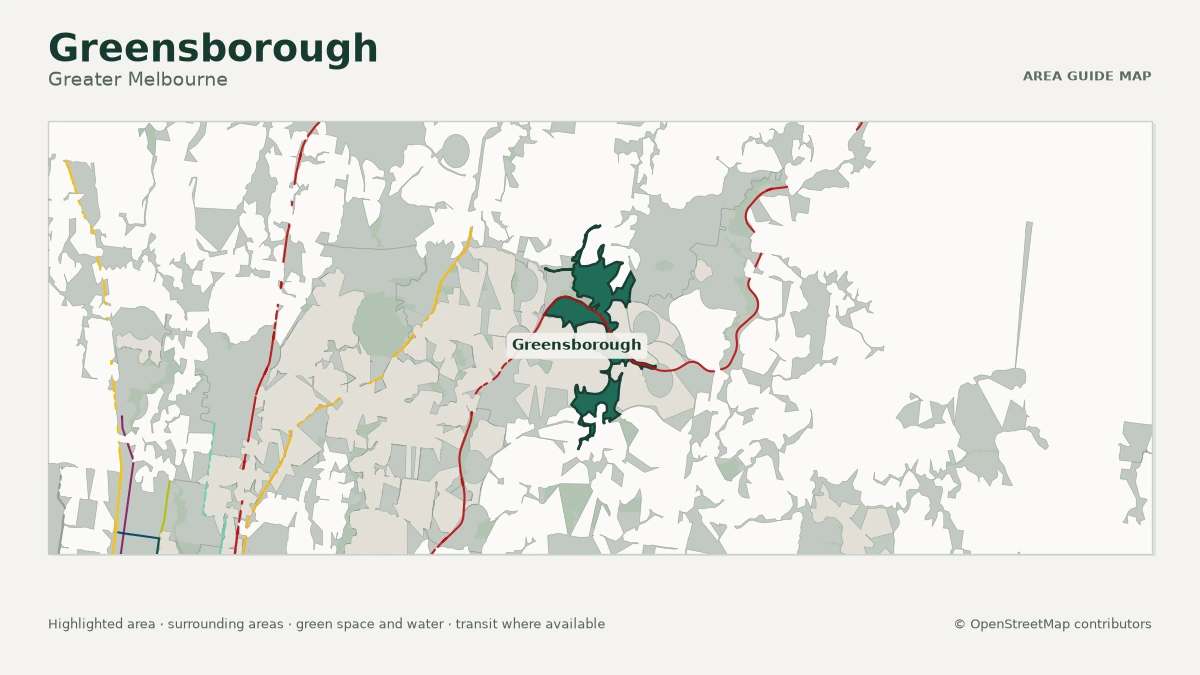 Map of Greensborough, Greater Melbourne, showing the commonly known area boundary