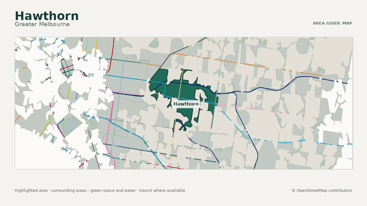 Map of Hawthorn, Greater Melbourne, showing the commonly known area boundary