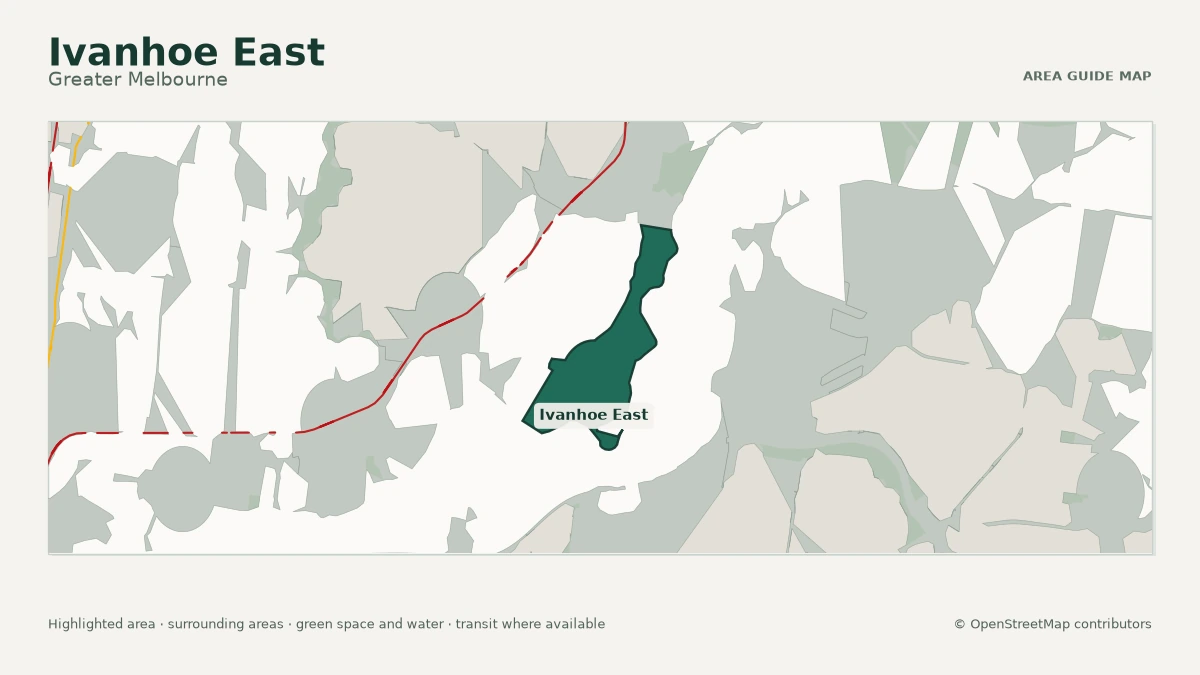 Map of Ivanhoe East, Greater Melbourne, showing the commonly known area boundary