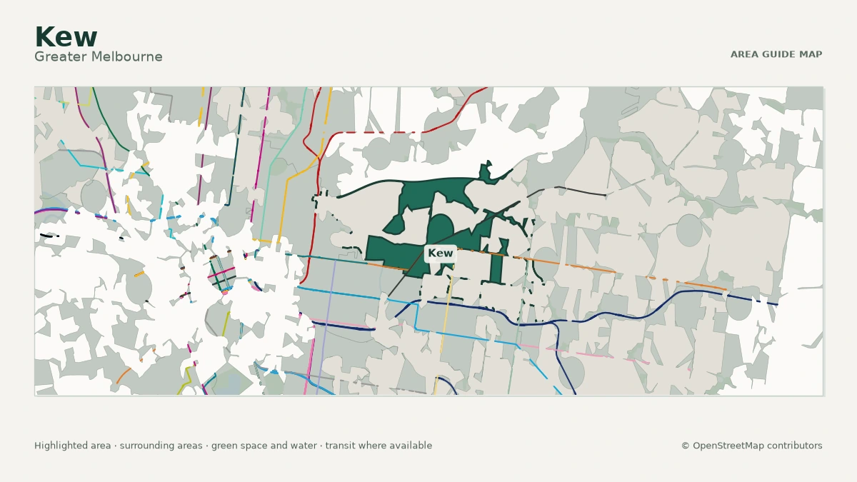 Map of Kew, Greater Melbourne, showing the commonly known area boundary