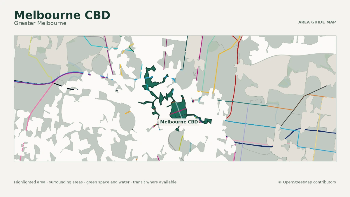 Map of Melbourne CBD, Greater Melbourne, showing the commonly known area boundary