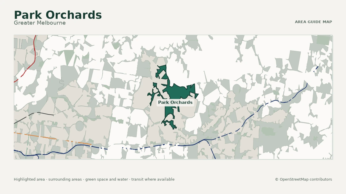 Map of Park Orchards, Greater Melbourne, showing the commonly known area boundary