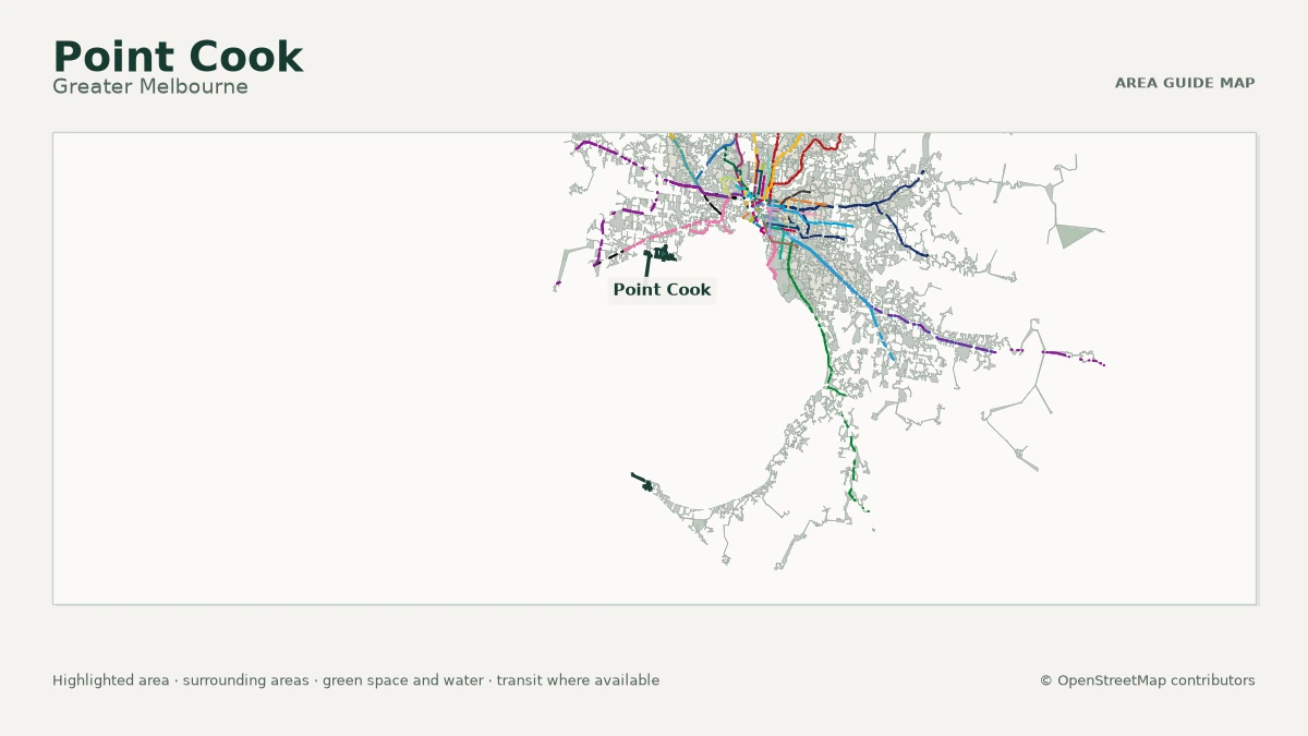 Map of Point Cook, Greater Melbourne, showing the commonly known area boundary