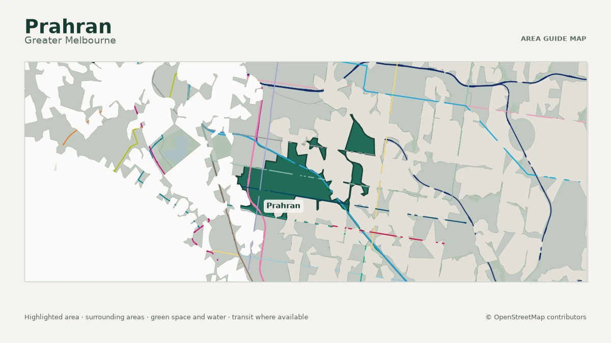 Map of Prahran, Greater Melbourne, showing the commonly known area boundary