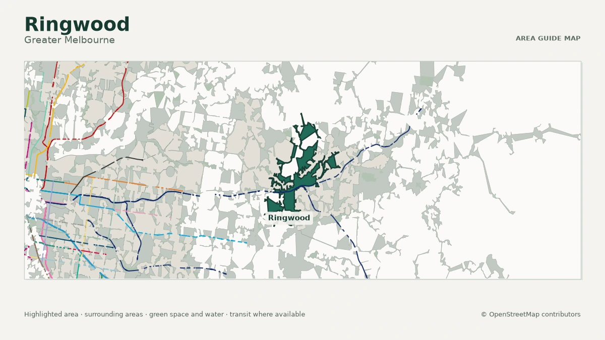 Map of Ringwood, Greater Melbourne, showing the commonly known area boundary
