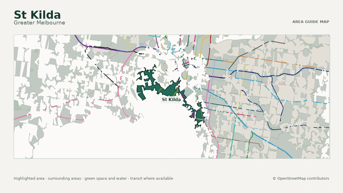 Map of St Kilda, Greater Melbourne, showing the commonly known area boundary