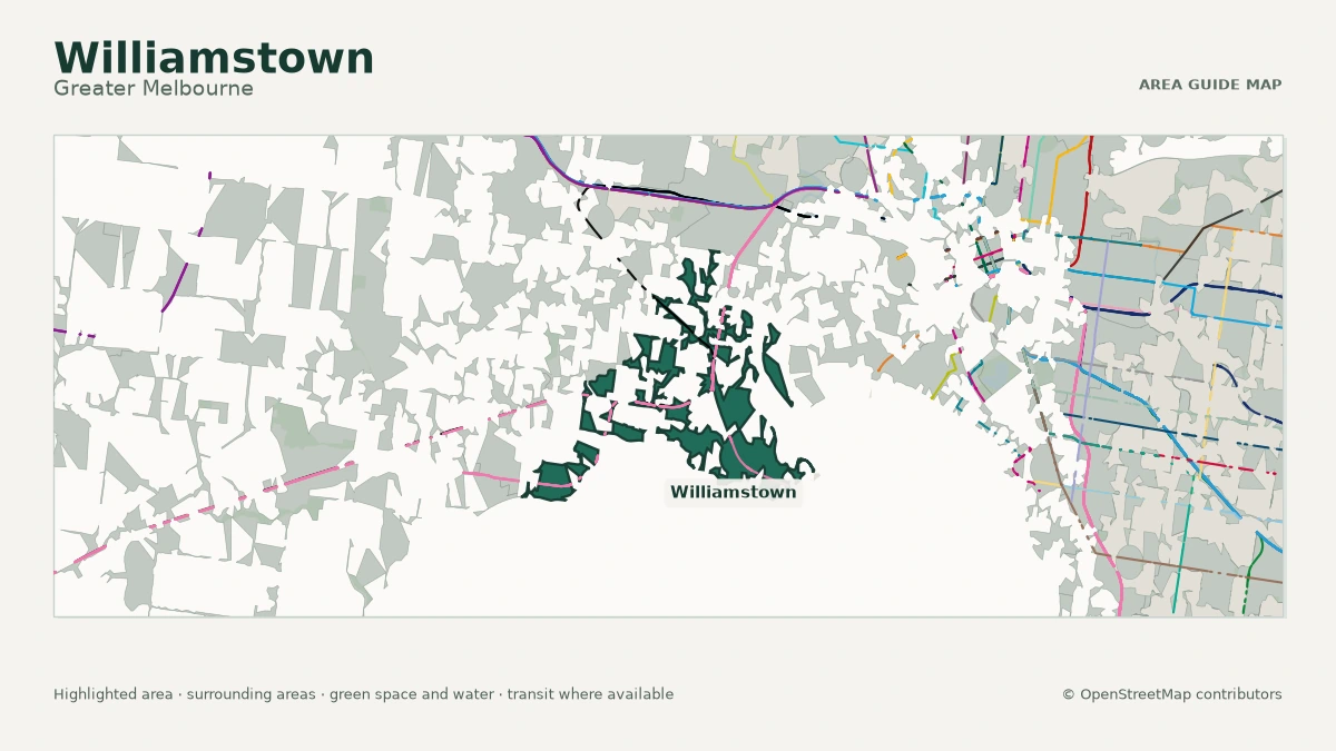 Map of Williamstown, Greater Melbourne, showing the commonly known area boundary